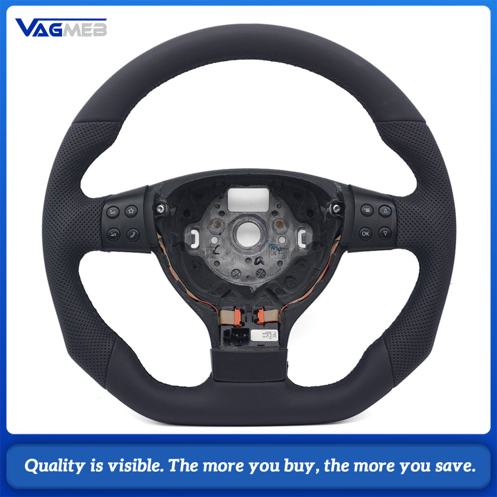 VW Golf MK5 Semi Perforated Leather Steering Wheel, Black Stitching With Control Buttons, Without Shift Paddles Retrofit Replacement