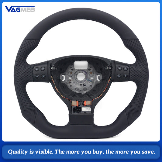 VW Golf MK5 Semi Perforated Leather Steering Wheel, Black Stitching With Control Buttons, Without Shift Paddles Retrofit Replacement
