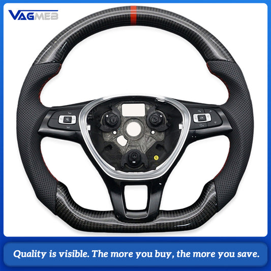 For VW POLO 6R Steering Wheel, Carbon Fiber Trim, Half Perforated Leather, Red Stitching, Red Return Marker, Red Illuminated Buttons, With Paddle Shifters