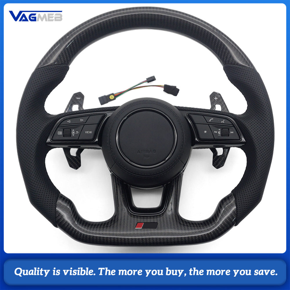 Flat Bottom RS Sport Steering Wheel Fit Audi A4 B9 OEM Bare Core Half Perforated Black Stitch Complete Carbon Paddles Button Trim HOD Decoder Included