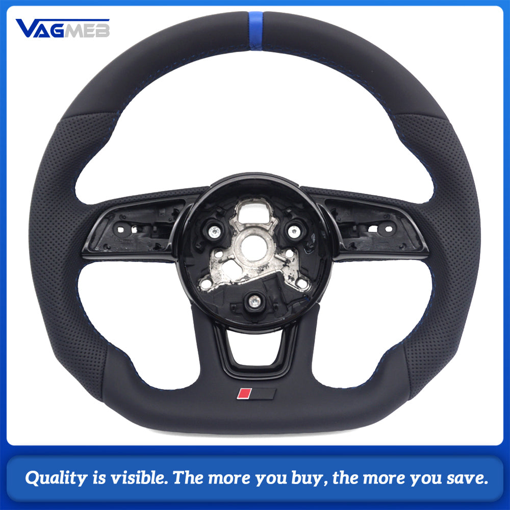 For Audi A4 B9 RS Logo Half Perforated Leather Steering Wheel Blue Stitch Blue Center Marker