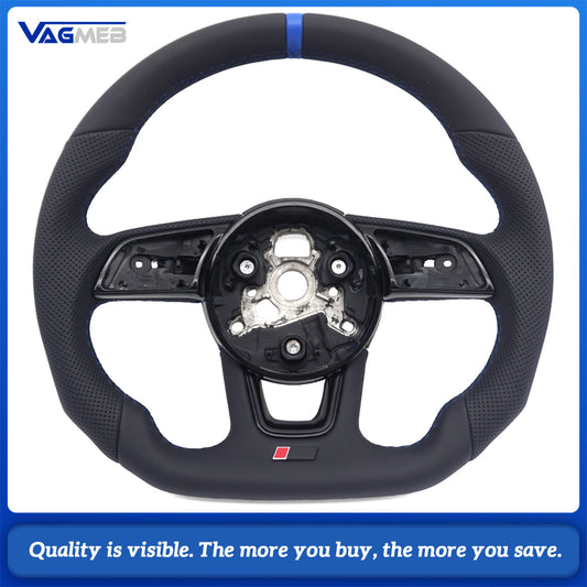 For Audi A4 B9 RS Logo Half Perforated Leather Steering Wheel Blue Stitch Blue Center Marker