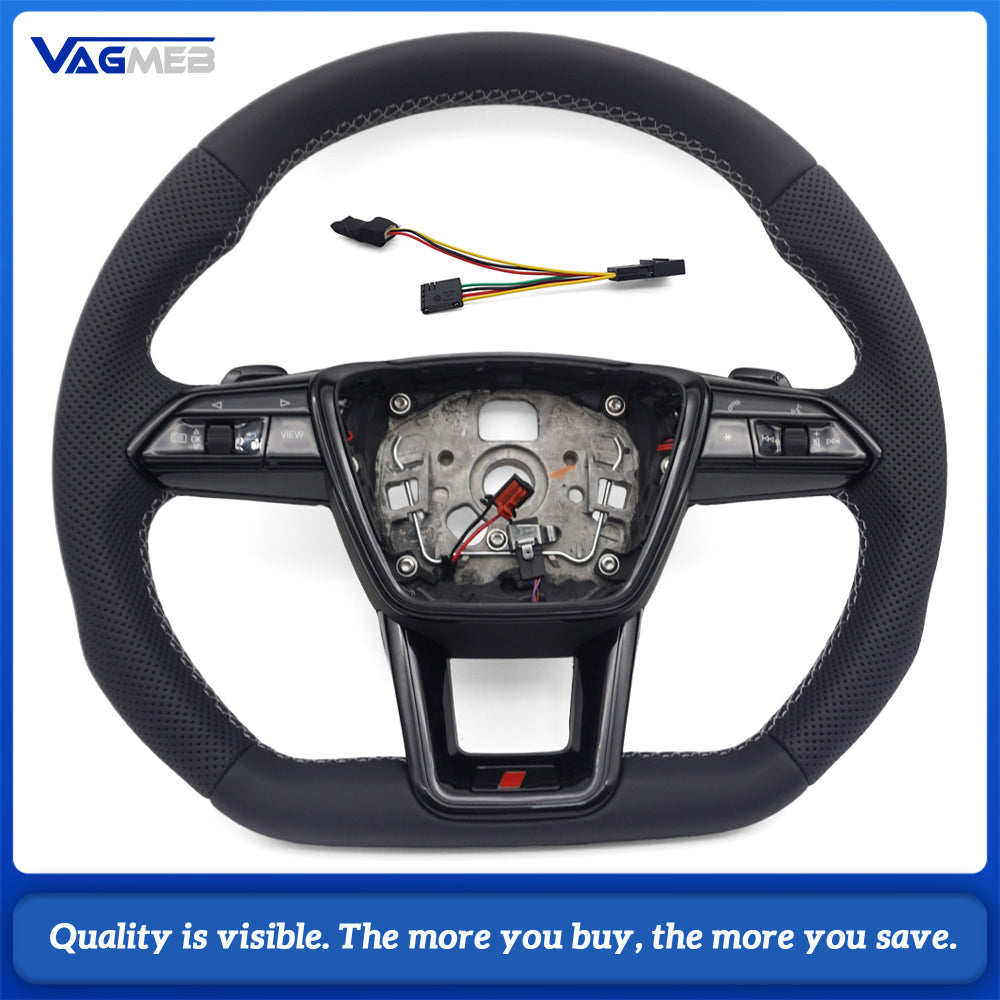 For Audi A6 C8 S Line Heated Steering Wheel Half Perforated Leather White Stitch Flat Bottom Hands Off Decoder