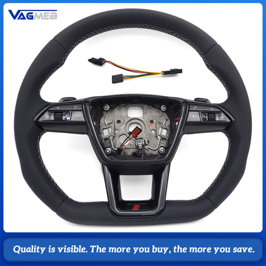 For Audi A6 C8 S Line Heated Steering Wheel Half Perforated Leather White Stitch Flat Bottom Hands Off Decoder