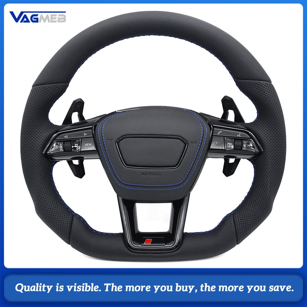 RS Logo Half Perforated Leather Steering Wheel Blue Stitch For Audi A6 C8 A7 S6 RS6