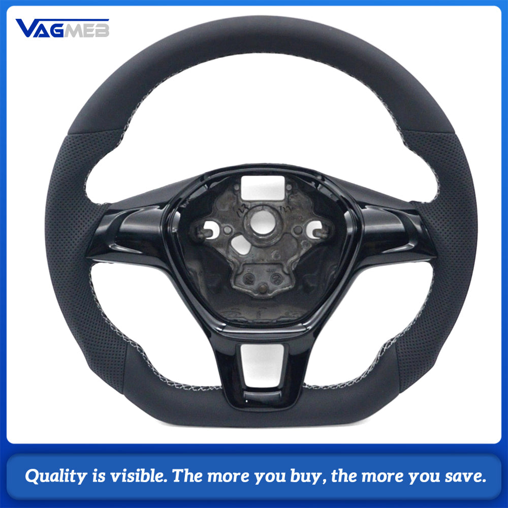 Universal Semi Perforated Leather Car Steering Wheel, White Stitching, Car Interior Sport Modification Steering Wheel For VW T6