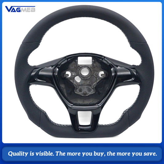 Universal Semi Perforated Leather Car Steering Wheel, White Stitching, Car Interior Sport Modification Steering Wheel For VW T6