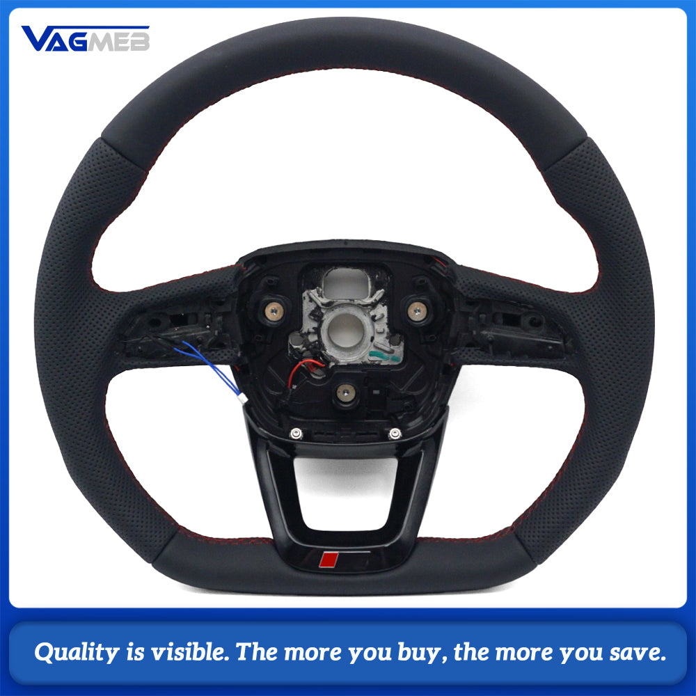 Gloss Black Semi‑Perforated Heated Steering Wheel Red Stitching No Button No Paddle For Audi Q5 FY Interior Upgrade Replacement