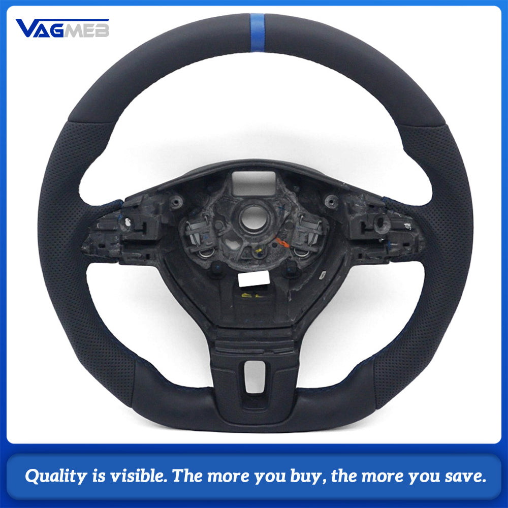 Sport Steering Wheel Semi‑Perforated Leather Blue Contrast Stitching Blue Center Mark Buttons Not Included For VW Passat B7 Interior Retrofit Upgrade