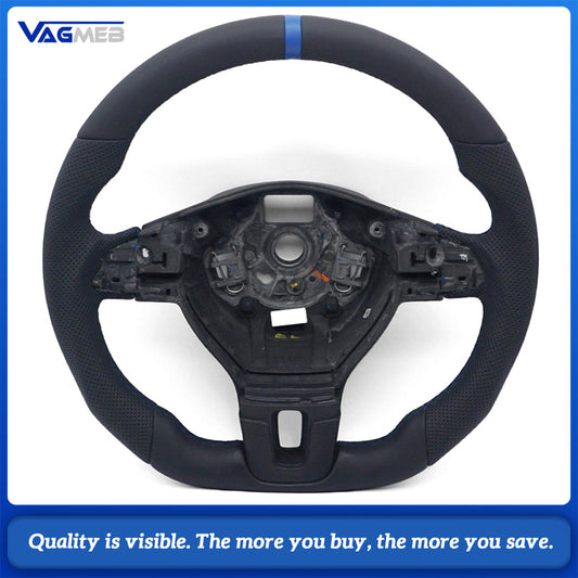 Sport Steering Wheel Semi‑Perforated Leather Blue Contrast Stitching Blue Center Mark Buttons Not Included For VW Passat B7 Interior Retrofit Upgrade