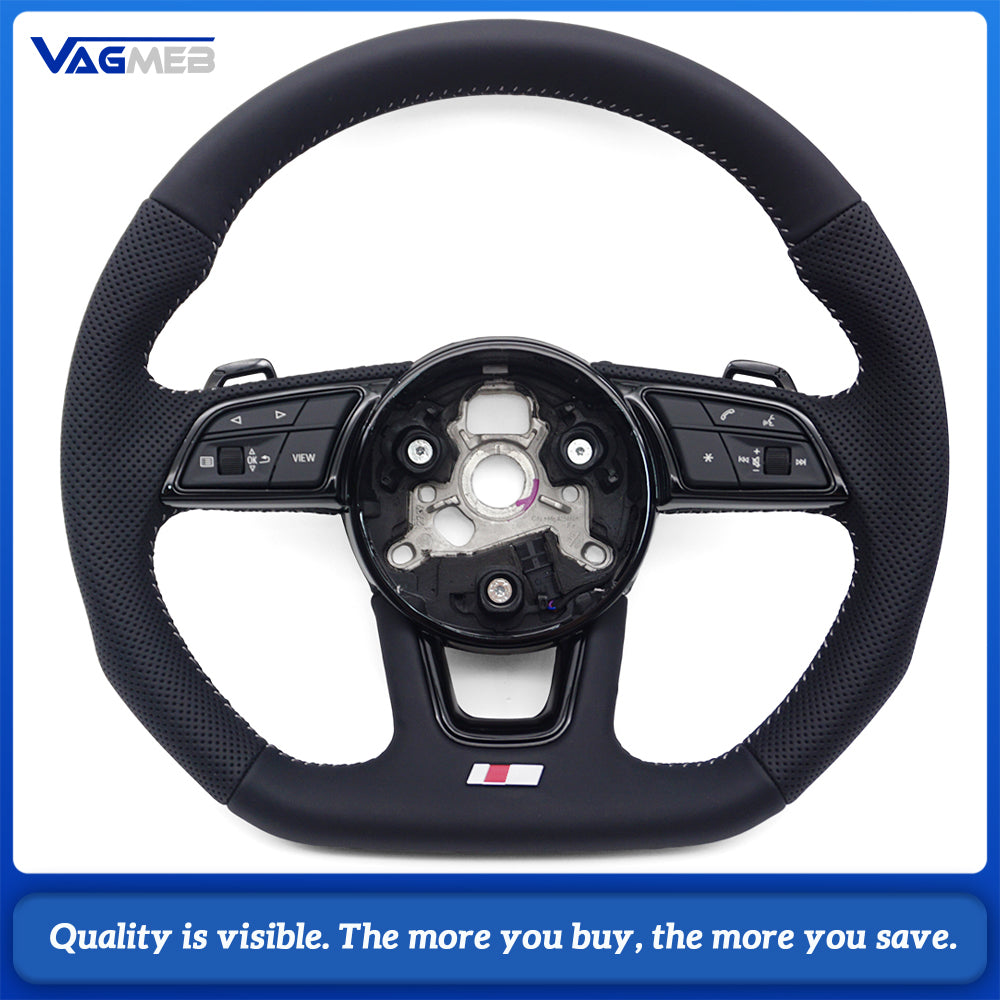 For Audi A4 B9 S-Line Half Perforated Steering Wheel White Stitching Blackened With Buttons Paddle Shifter