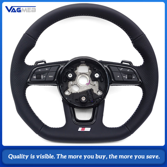 For Audi A4 B9 S-Line Half Perforated Steering Wheel White Stitching Blackened With Buttons Paddle Shifter