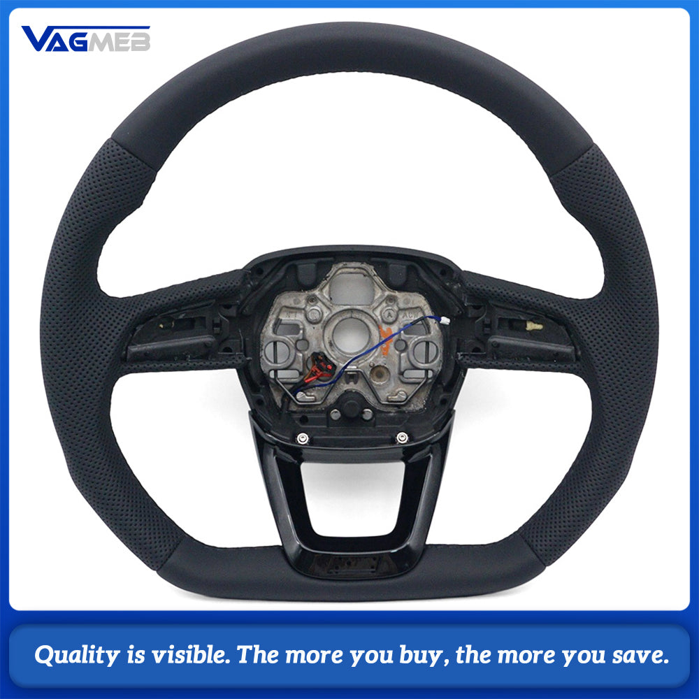 For Audi Q3 Steering Wheel, Half Perforated Leather, Gloss Black Finish, Black Stitching, Heated Function, Without Buttons & Paddle Shifters