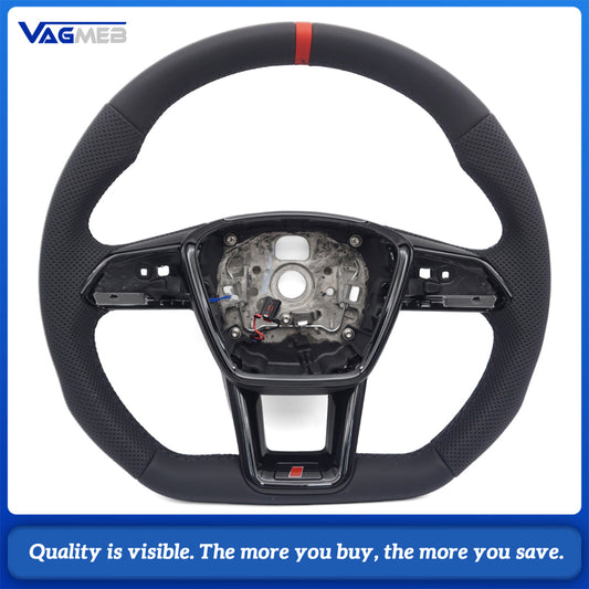 For Audi A6 C8 S Steering Wheel, Half Perforated Leather, Black Stitching, Red Marker, Heated, Flat Bottom