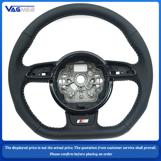 For Audi A6 C7 perforated leather White stitched flat bottomed sports steering wheel, Car Accessories