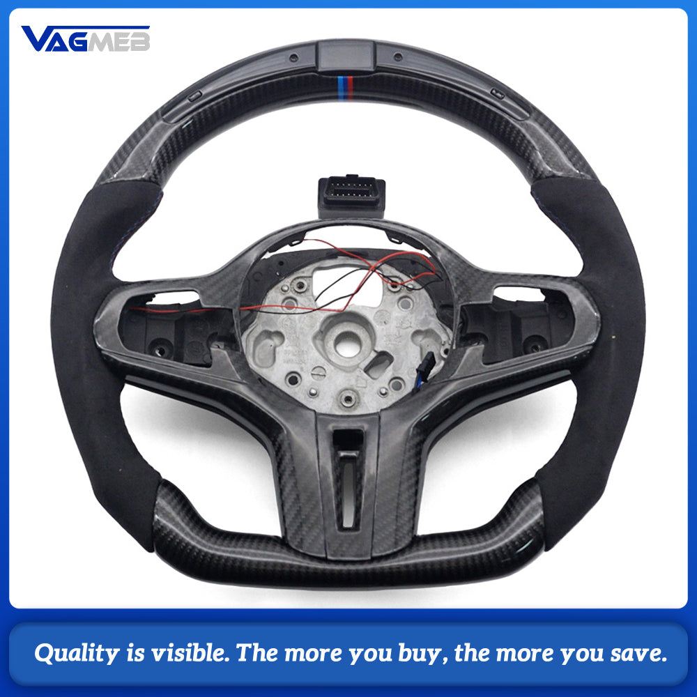 Carbon Fiber Sport Steering Wheel LED Shift Display Semi‑Alcantara Suede M‑Tri‑Color Stitching Tri‑Color Center Mark Full Carbon‑Fiber Button Trim With Steering Wheel Heating For BMW G38