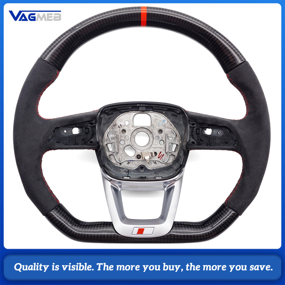Carbon Fiber & Alcantara Flat Bottom Steering Wheel for Audi A4 B9 S4 S5 - Red Stitching Red Marker