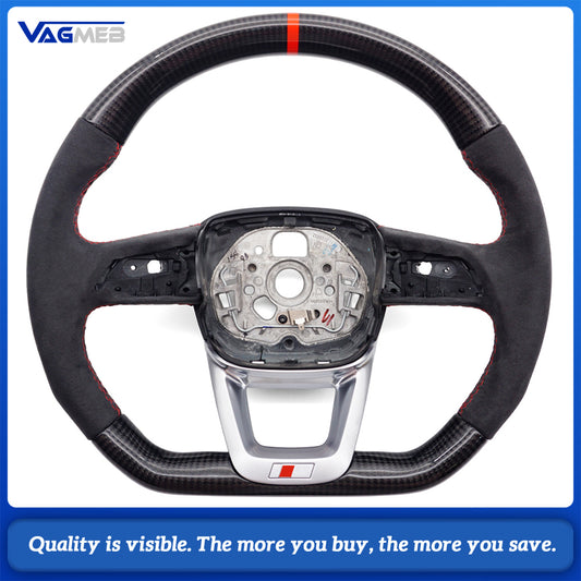 Carbon Fiber & Alcantara Flat Bottom Steering Wheel for Audi A4 B9 S4 S5 - Red Stitching Red Marker