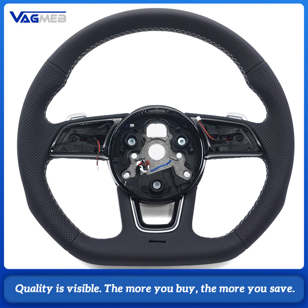Half Perforated Steering Wheel for Audi A4 B9, White Stitch, Heated, With Paddle Shifters, No Buttons