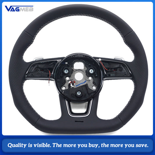 Half Perforated Steering Wheel for Audi A4 B9, White Stitch, Heated, With Paddle Shifters, No Buttons