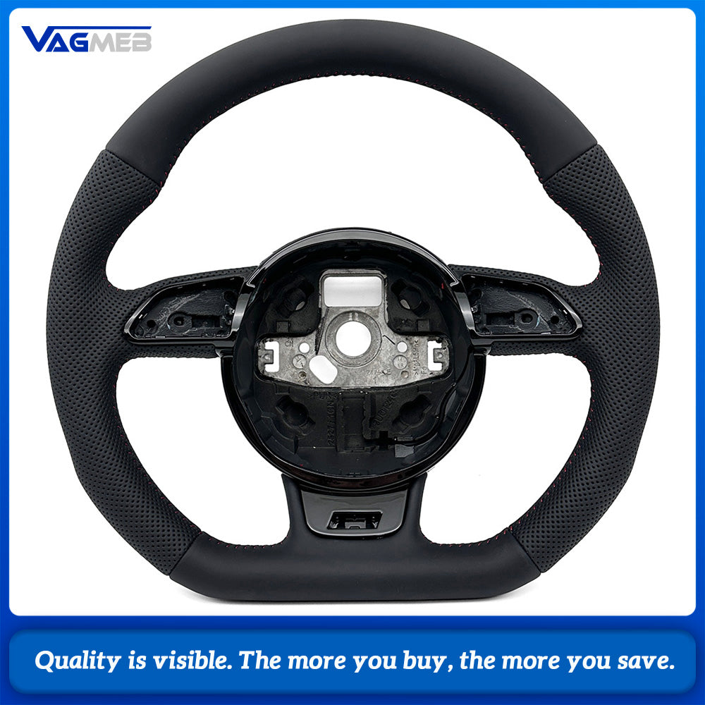 For Audi A4 B8 Half Perforated Leather Steering Wheel Red Stitching, Multifunction Steering Wheel Without Shift Paddles and Control Buttons Car Modification Parts