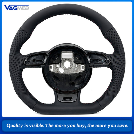 For Audi A4 B8 Half Perforated Leather Steering Wheel Red Stitching, Multifunction Steering Wheel Without Shift Paddles and Control Buttons Car Modification Parts