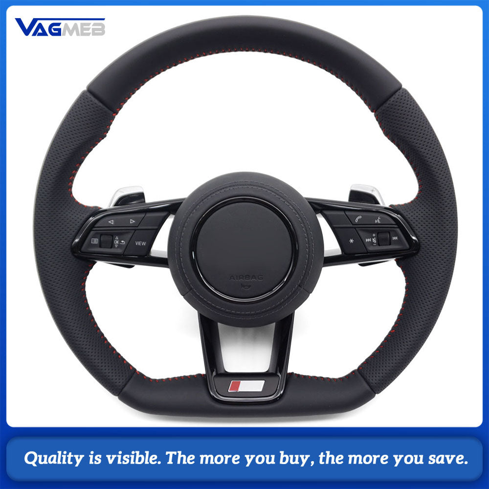 R8 Flat Bottom S-line Steering Wheel Half Perforated Red Stitch With Buttons Shift Paddles For Audi