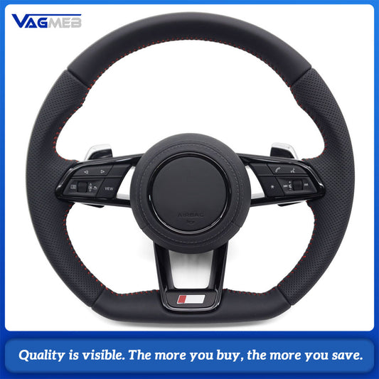 R8 Flat Bottom S-line Steering Wheel Half Perforated Red Stitch With Buttons Shift Paddles For Audi