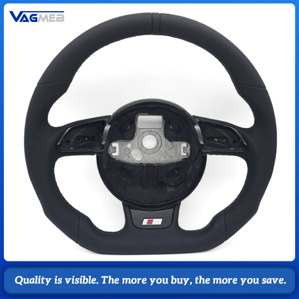 Flat Bottom Half Perforated Leather Steering Wheel Gray Stitch Black 12 O'clock Marker S Badge For Audi A4 B8 S4