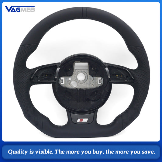 Flat Bottom Half Perforated Leather Steering Wheel Gray Stitch Black 12 O'clock Marker S Badge For Audi A4 B8 S4