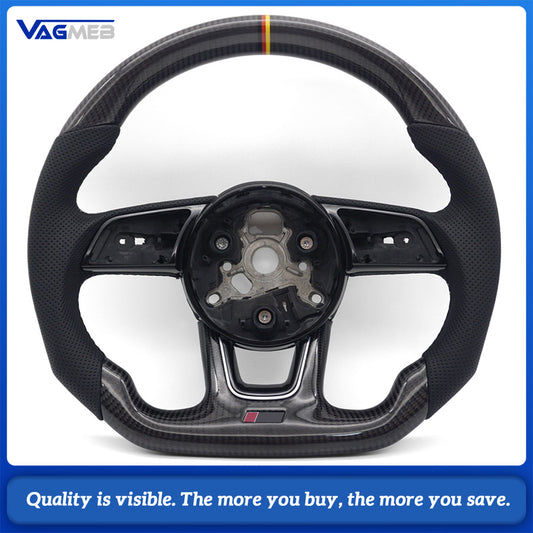 Flat Bottom Gloss Carbon Fiber Steering Wheel Half Perforated Leather Black M Tri-Color Stitch RS Badge 12 O'clock Marker Fit Audi A4 B9 S4 RS4