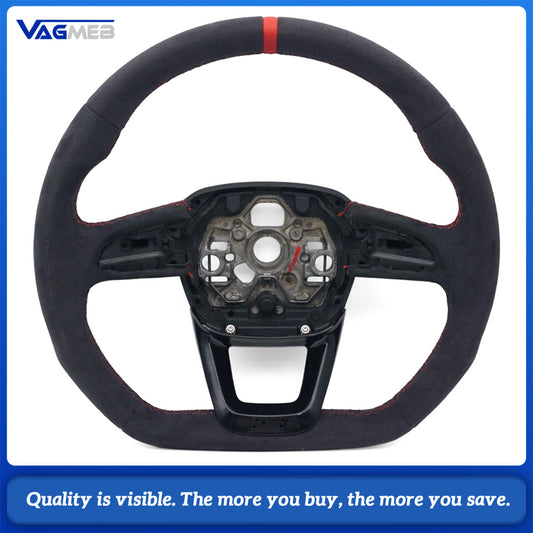 For Audi Q3 Steering Wheel, Gloss Black Finish, Full Alcantara, Red Stitching, Red Return Marker, Without Buttons and Paddle Shifters