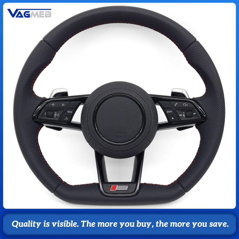 For Audi R8 Style RS Steering Wheel Half Perforated Red Stitch With Buttons & Shift Paddles