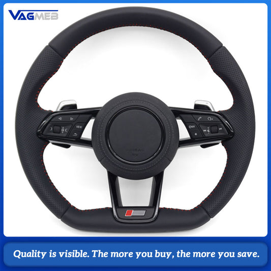 For Audi R8 Style RS Steering Wheel Half Perforated Red Stitch With Buttons & Shift Paddles