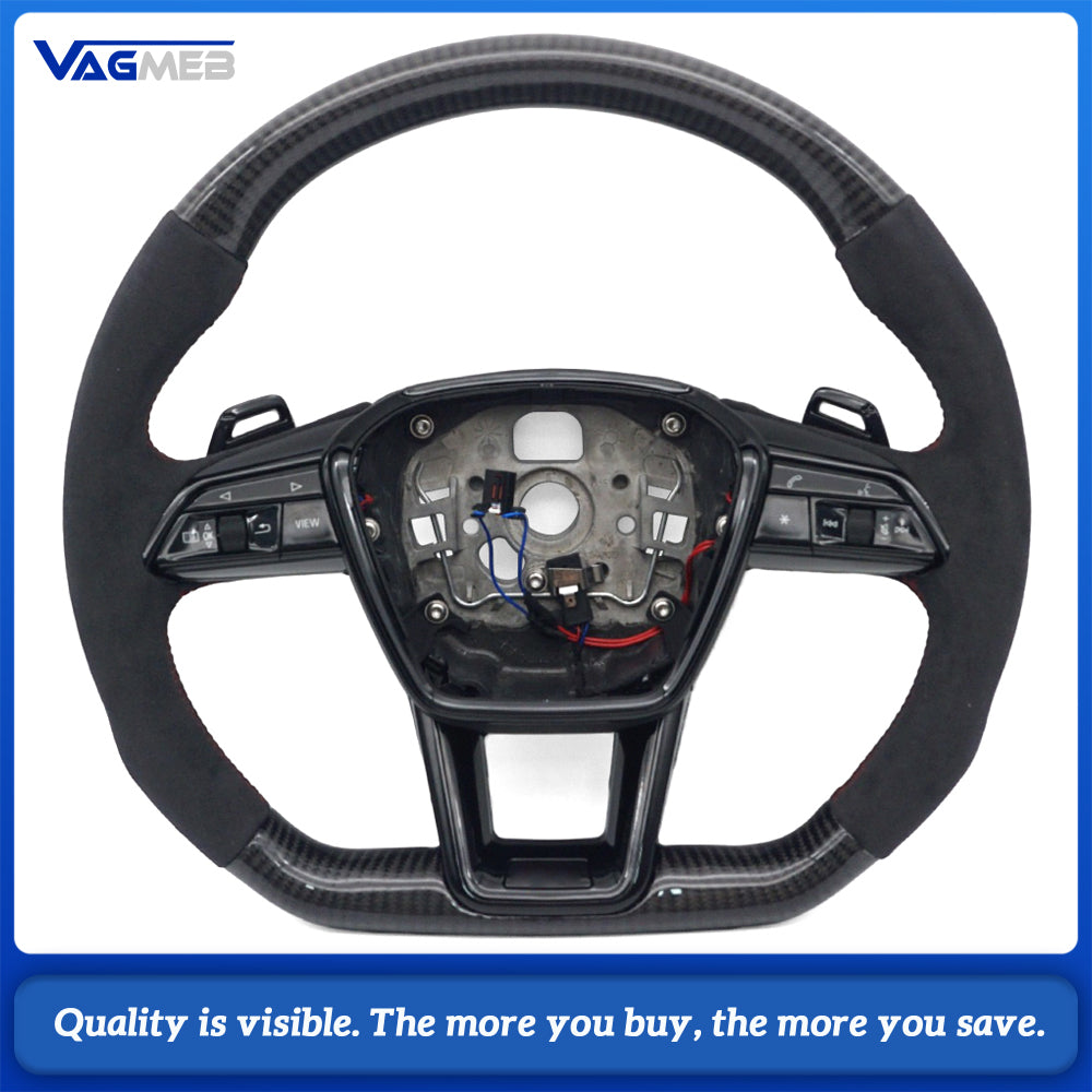 Sport Steering Wheel Gloss Black Carbon Fiber Half‑Alcantara Red Stitching For Audi A6 C8, Multifunction Buttons Shift Paddles Heated Function