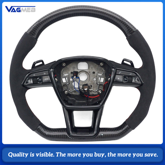 Sport Steering Wheel Gloss Black Carbon Fiber Half‑Alcantara Red Stitching For Audi A6 C8, Multifunction Buttons Shift Paddles Heated Function