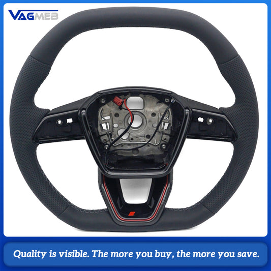Sport Heated Steering Wheel Half‑Perforated Leather Dark‑Grey Stitching For Audi A6 C8, No Buttons No Shift Paddles