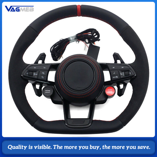 TT‑Style Sport Steering Wheel Half‑Alcantara Red Stitching Red Centering Mark For VW, Multifunction Buttons & Shift Paddles