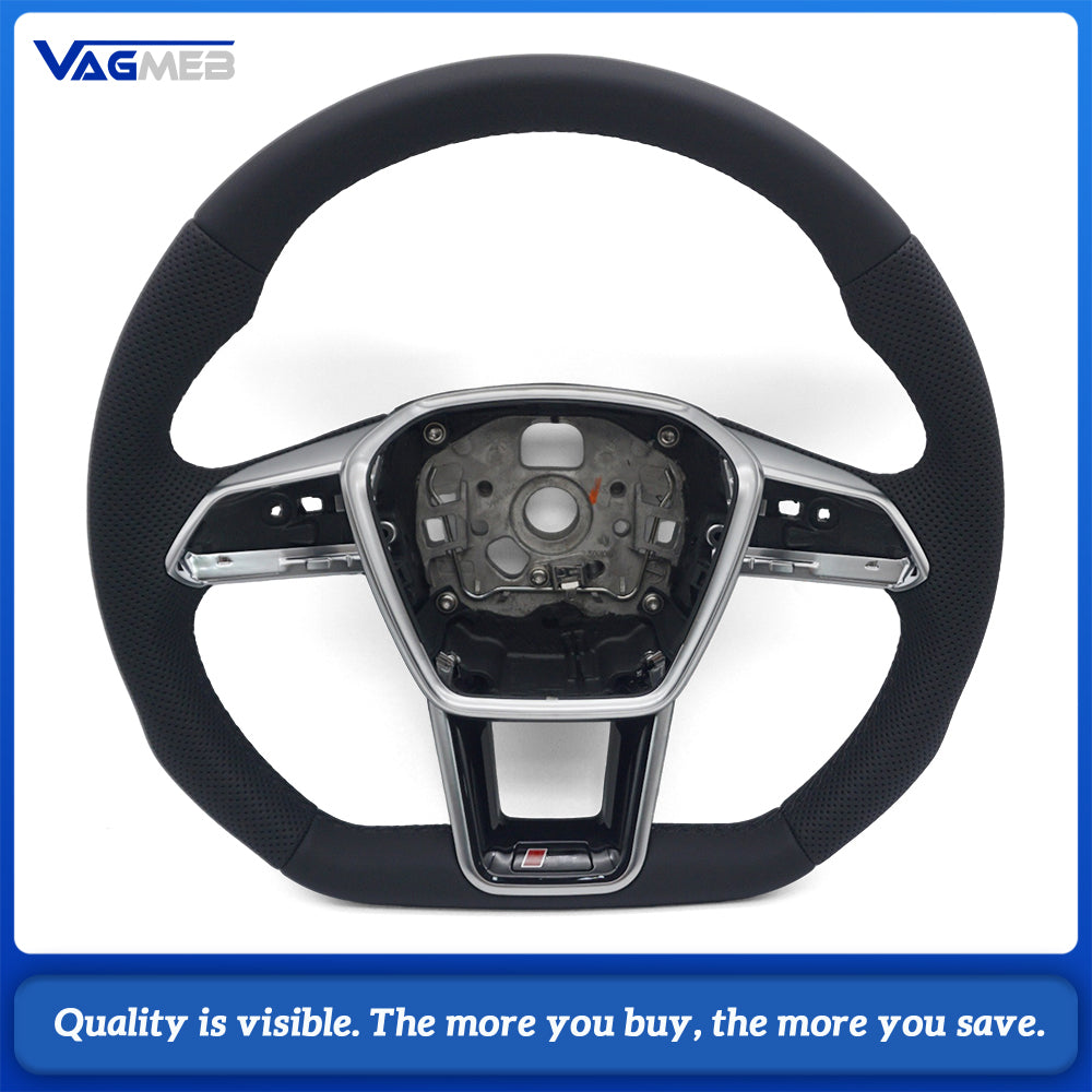 For Audi A6 C8 RS Sport Steering Wheel Genuine Leather Half Punch Black Sewing