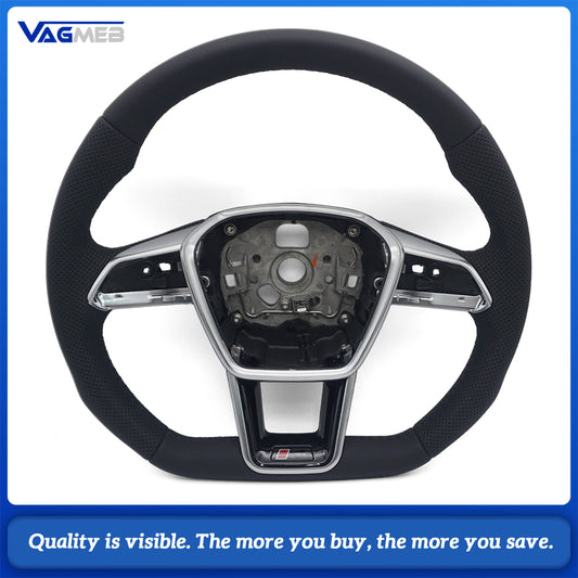 For Audi A6 C8 RS Sport Steering Wheel Genuine Leather Half Punch Black Sewing