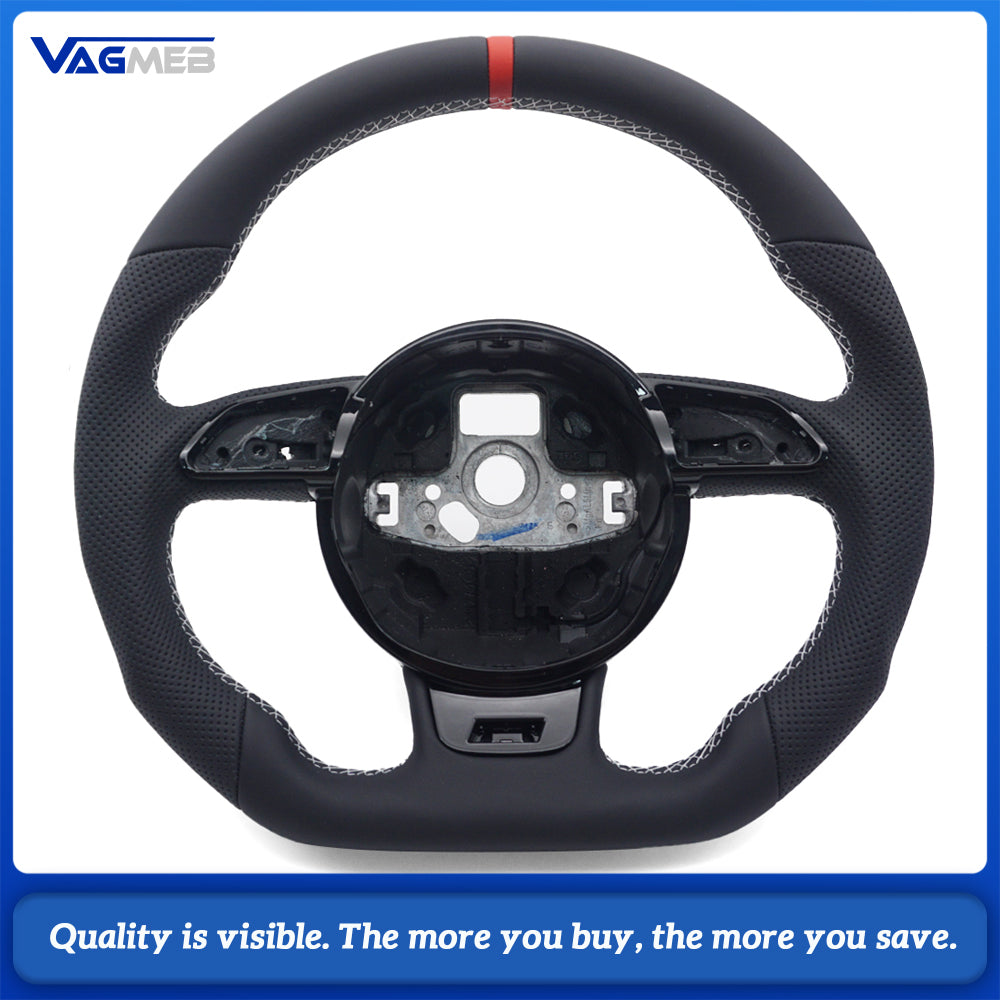 Car Steering Wheel Base with Shape Half Perforated Leather White Stitch Red Centering Marker Fit Audi A4 B8 Retrofit