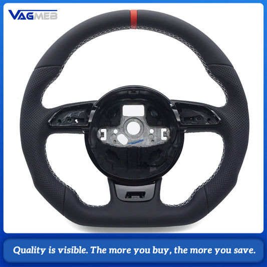 Car Steering Wheel Base with Shape Half Perforated Leather White Stitch Red Centering Marker Fit Audi A4 B8 Retrofit