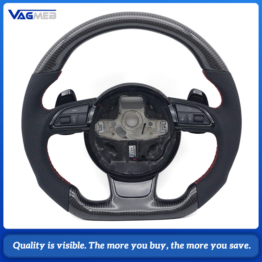 Car Sports Steering Wheel for Audi A4 B8 Carbon Fiber Half Perforated Leather Red Stitching With Multifunction Buttons & Gear Shift Paddles Modification Replacement Part