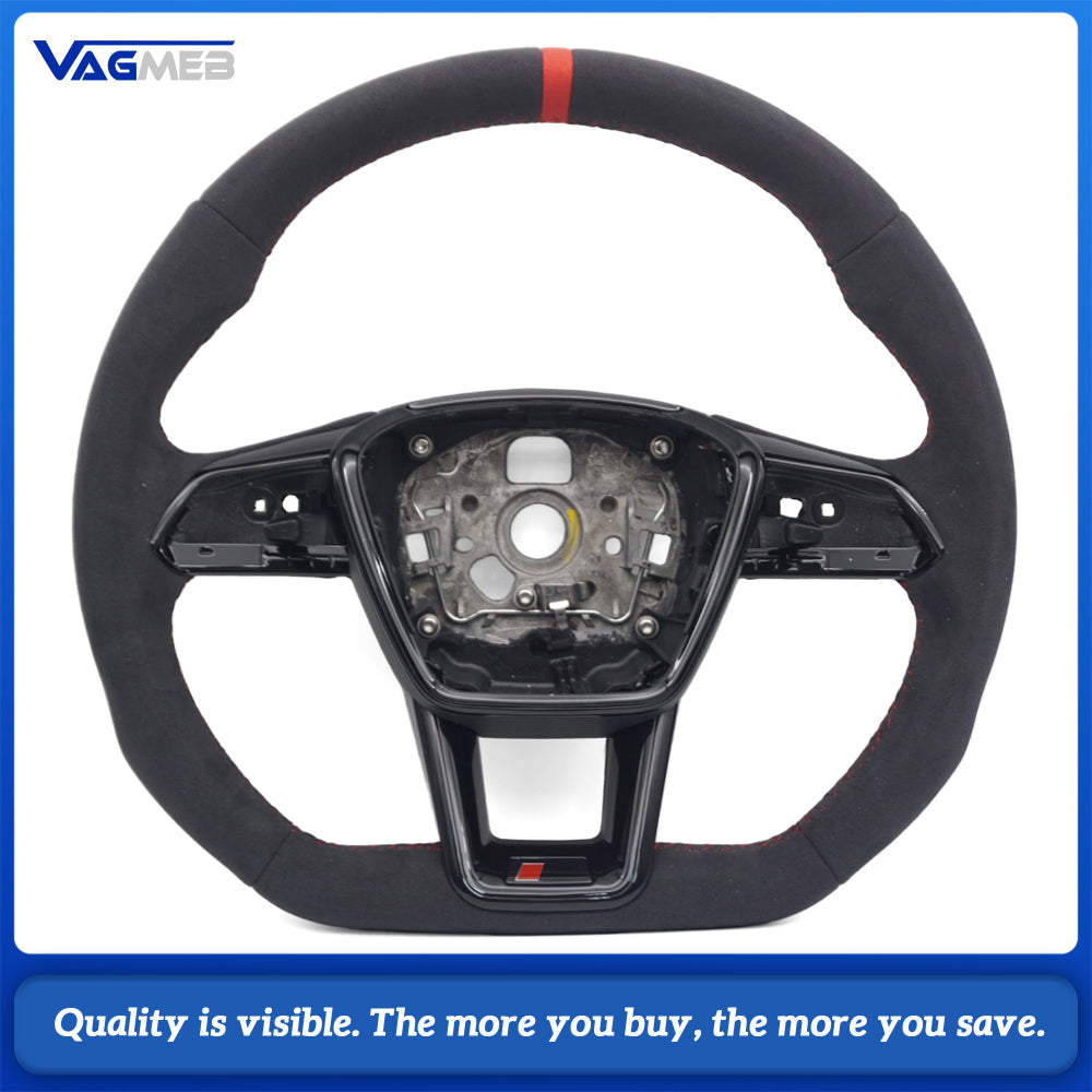 RS Steering Wheel For Audi A6L C8 A7 RS7, Full Alcantara, Black Gloss RS Logo, Red Stitching, Red Center Mark, Flat Bottom