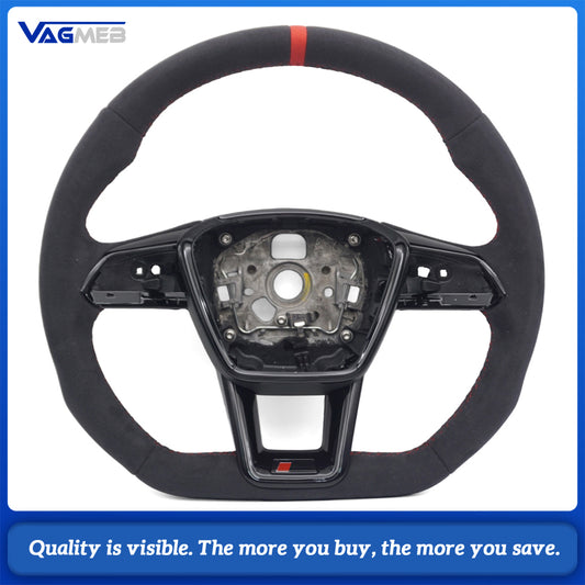 RS Steering Wheel For Audi A6L C8 A7 RS7, Full Alcantara, Black Gloss RS Logo, Red Stitching, Red Center Mark, Flat Bottom