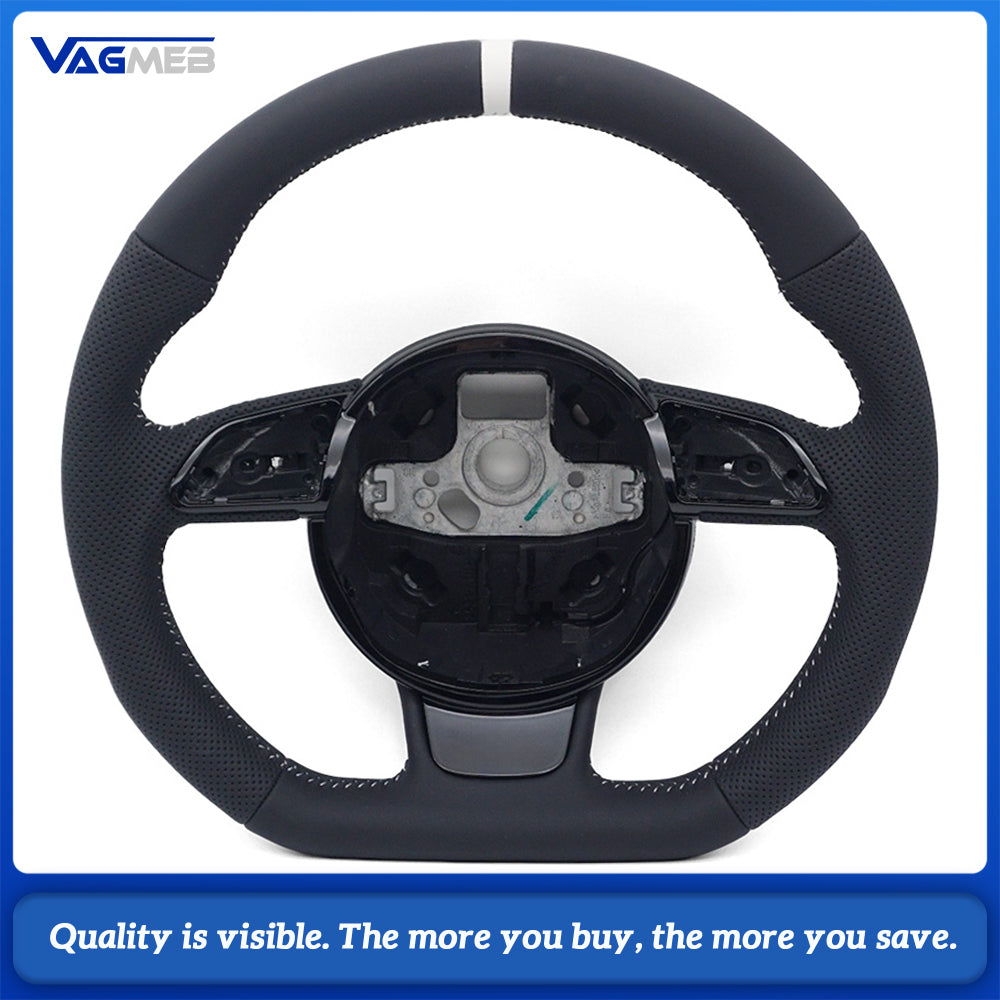 Sport Steering Wheel Semi‑Perforated Leather Grey Contrast Stitching White Center Mark No Paddle Shifters Buttons Not Included For Audi A4 B8