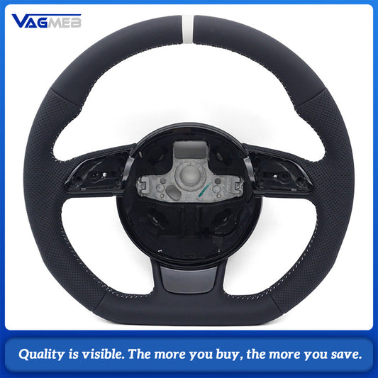 Sport Steering Wheel Semi‑Perforated Leather Grey Contrast Stitching White Center Mark No Paddle Shifters Buttons Not Included For Audi A4 B8