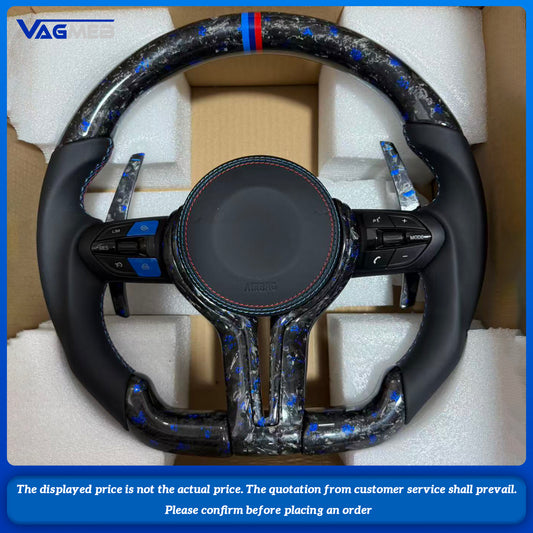 For BMW 1 3 5 e x Series custom blue forged carbon fiber half perforated leather steeringwheel with carbon paddle