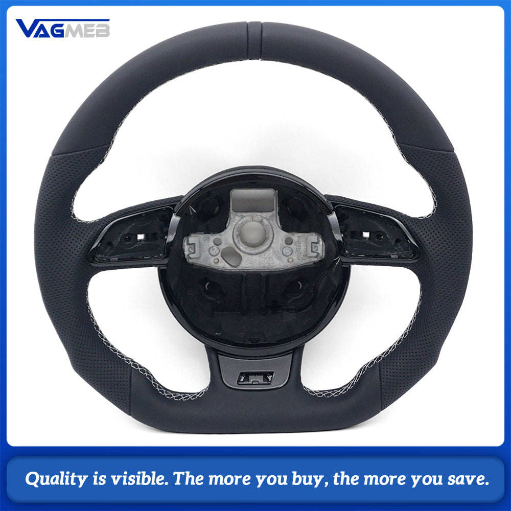 Semi‑Perforated Leather Steering Wheel White Stitching Black Center Mark No Paddle Shifters For Audi A4 B8