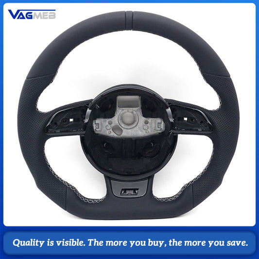 Semi‑Perforated Leather Steering Wheel White Stitching Black Center Mark No Paddle Shifters For Audi A4 B8
